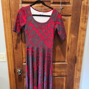 LuLaRoe Nicole Red and Gray Patterned Midi Dress